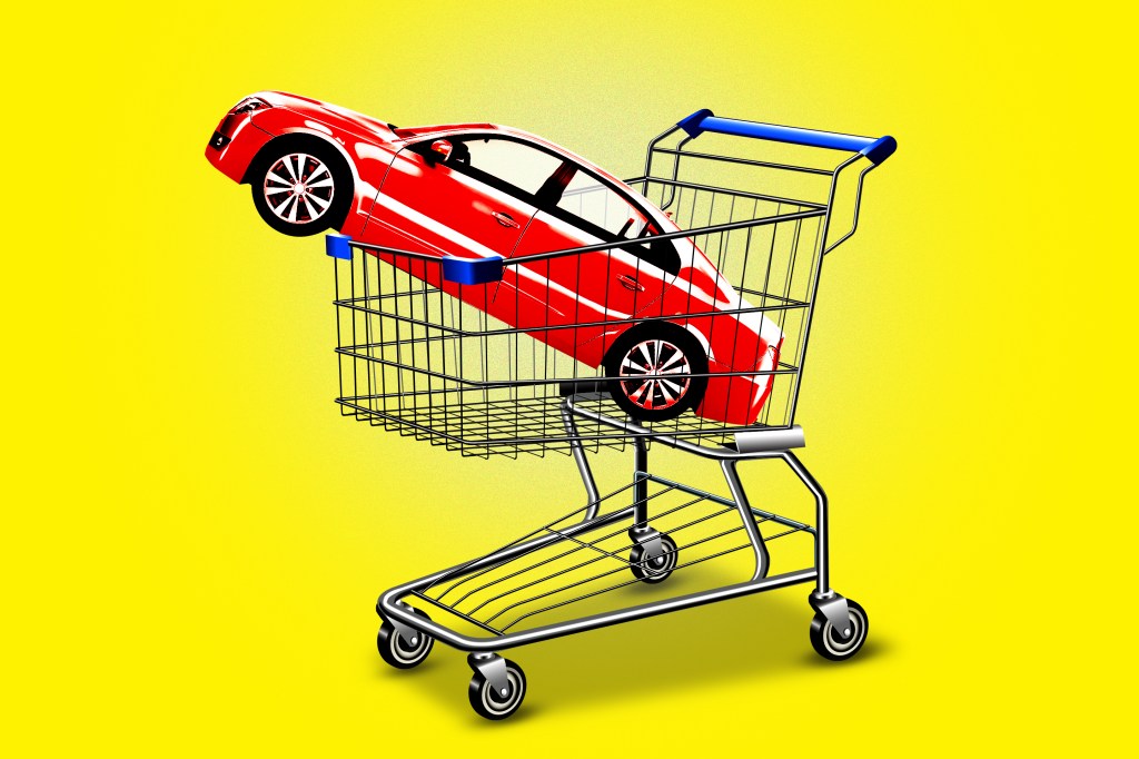 A red car in a shopping cart with the text 'Car insurance quotes by zip code' to illustrate the concept of comparing car insurance quotes based on location.