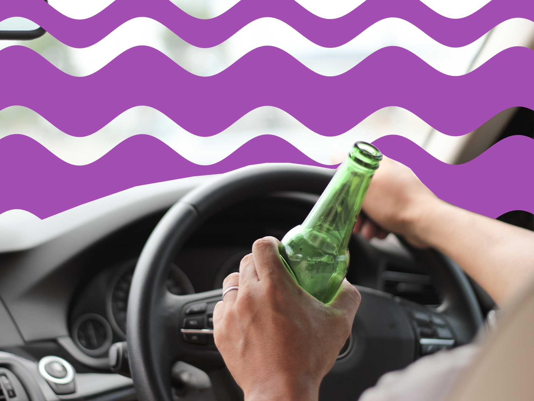 A man is shown holding a green beer bottle in one hand and the steering wheel with the other while driving. The image has a purple wavy pattern in the background. The image represents the search query 'Highrisk auto insurance companies for drivers with DUI convictions'.