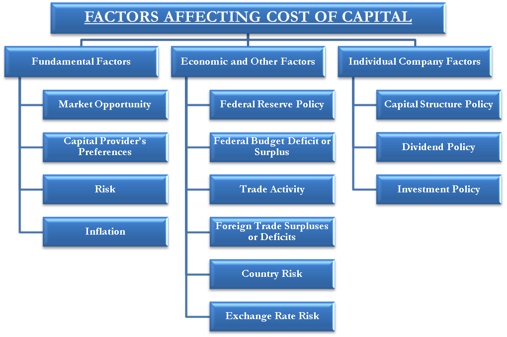 A chart shows the factors that affect the cost of capital, which are divided into three categories: fundamental factors, economic and other factors, and individual company factors.