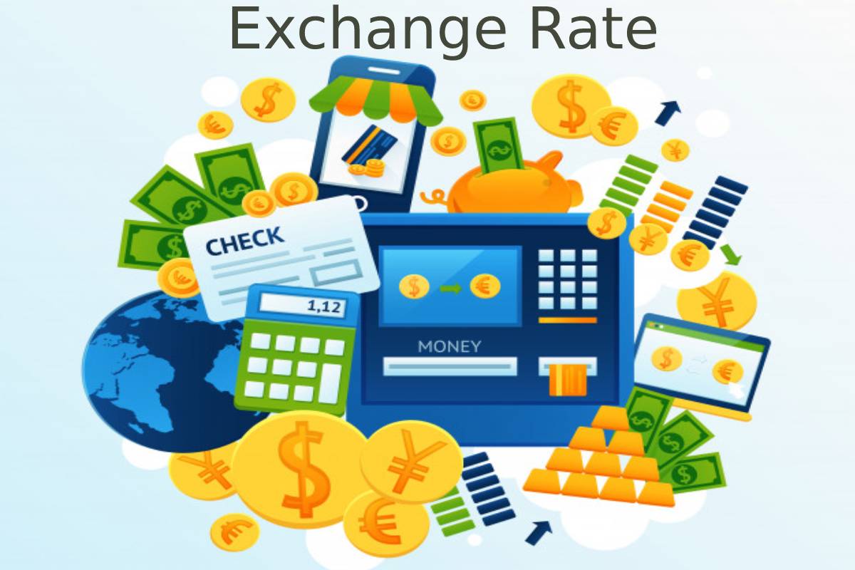 A calculator, money, and graphs depict the exchange rate, which is the value of one country's currency in relation to another country's currency.