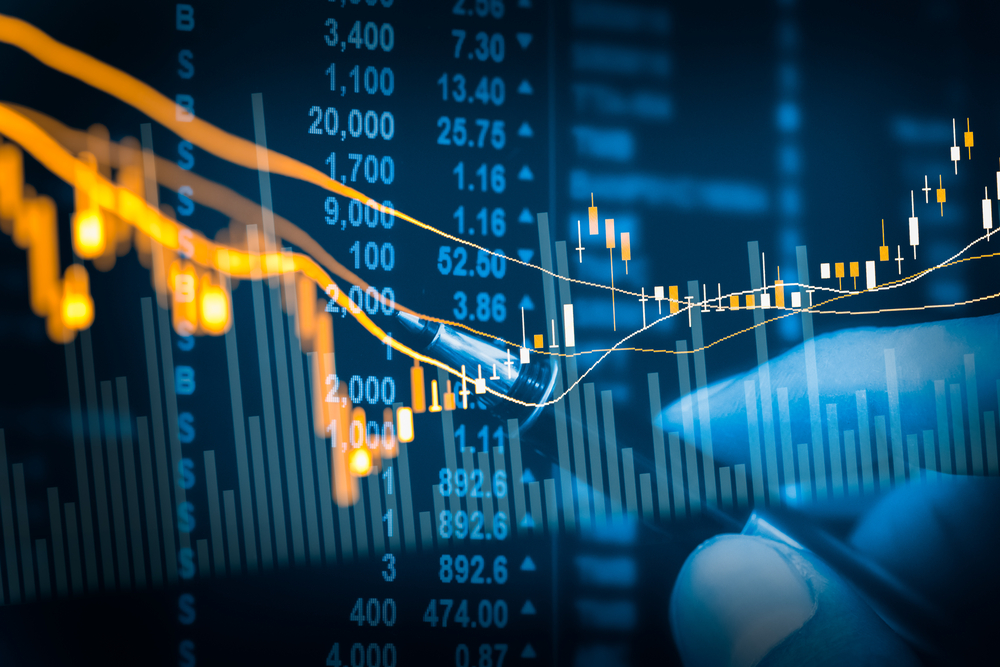 A bar graph with a blue background and yellow and white lines representing an economic calendar with key indicators and customization options.