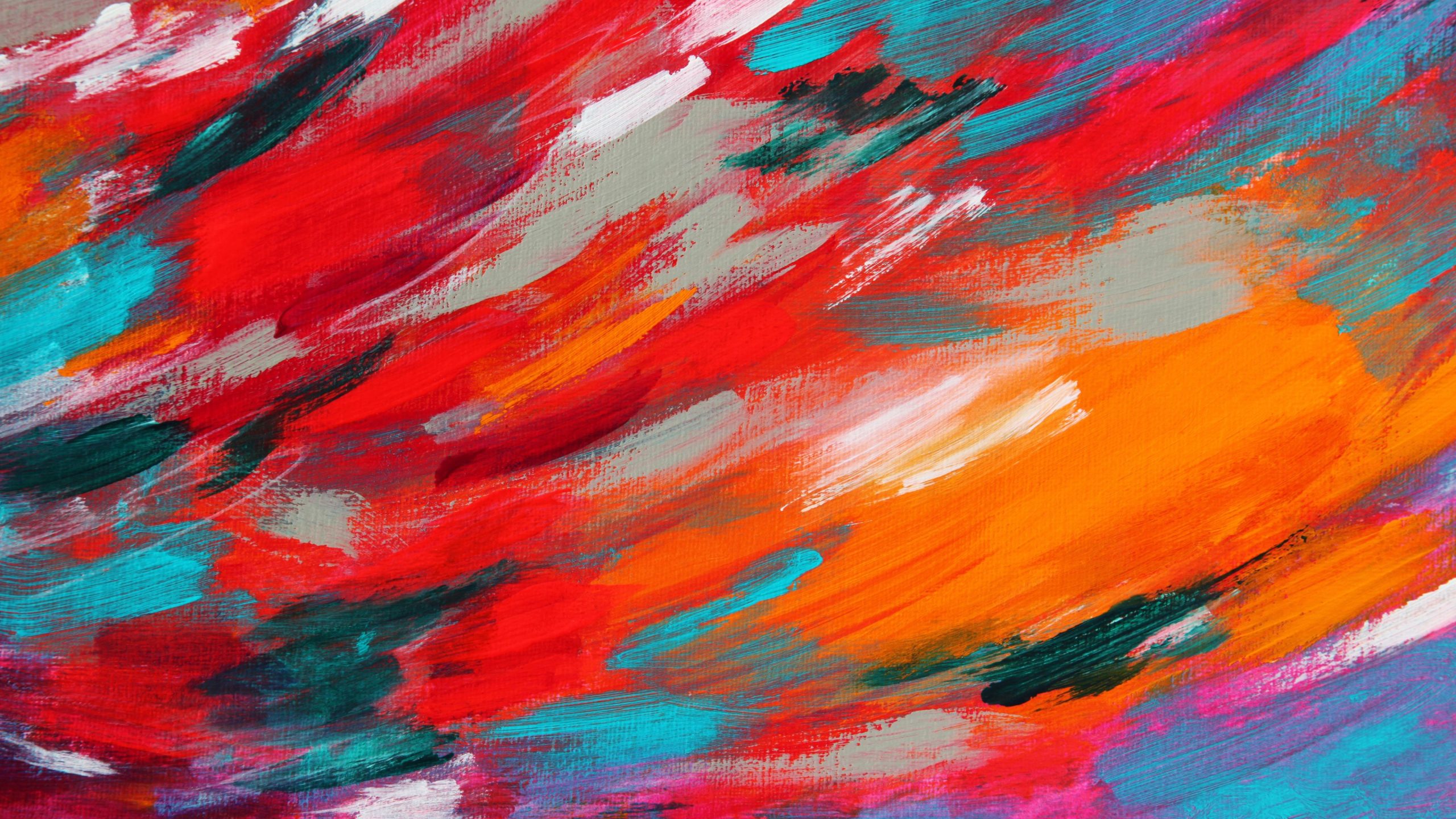 An abstract painting with red, orange, yellow, green, blue, purple, and white brushstrokes.