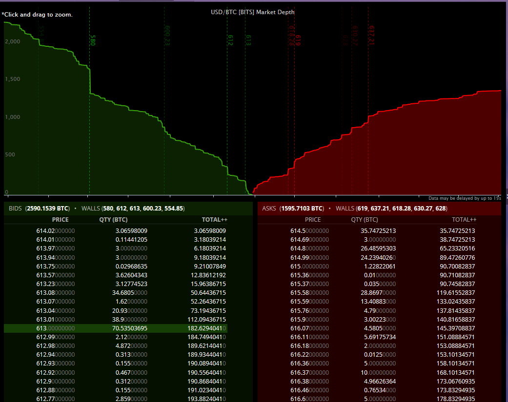 A market depth chart shows the bid and ask prices for a particular stock or security, with the bid prices on the left and the ask prices on the right. The bid price is the highest price that a buyer is willing to pay for the security, while the ask price is the lowest price that a seller is willing to accept for the security. The market depth chart can be used to analyze the liquidity of a security, as well as to identify potential trading opportunities.