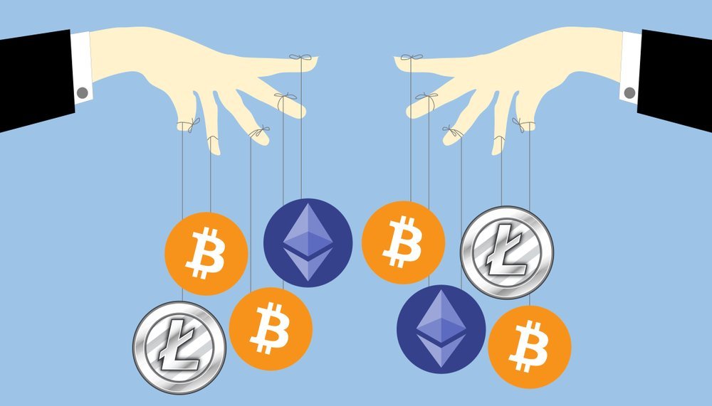 A diagram of market manipulation techniques, showing two hands puppeteering various cryptocurrencies with strings.