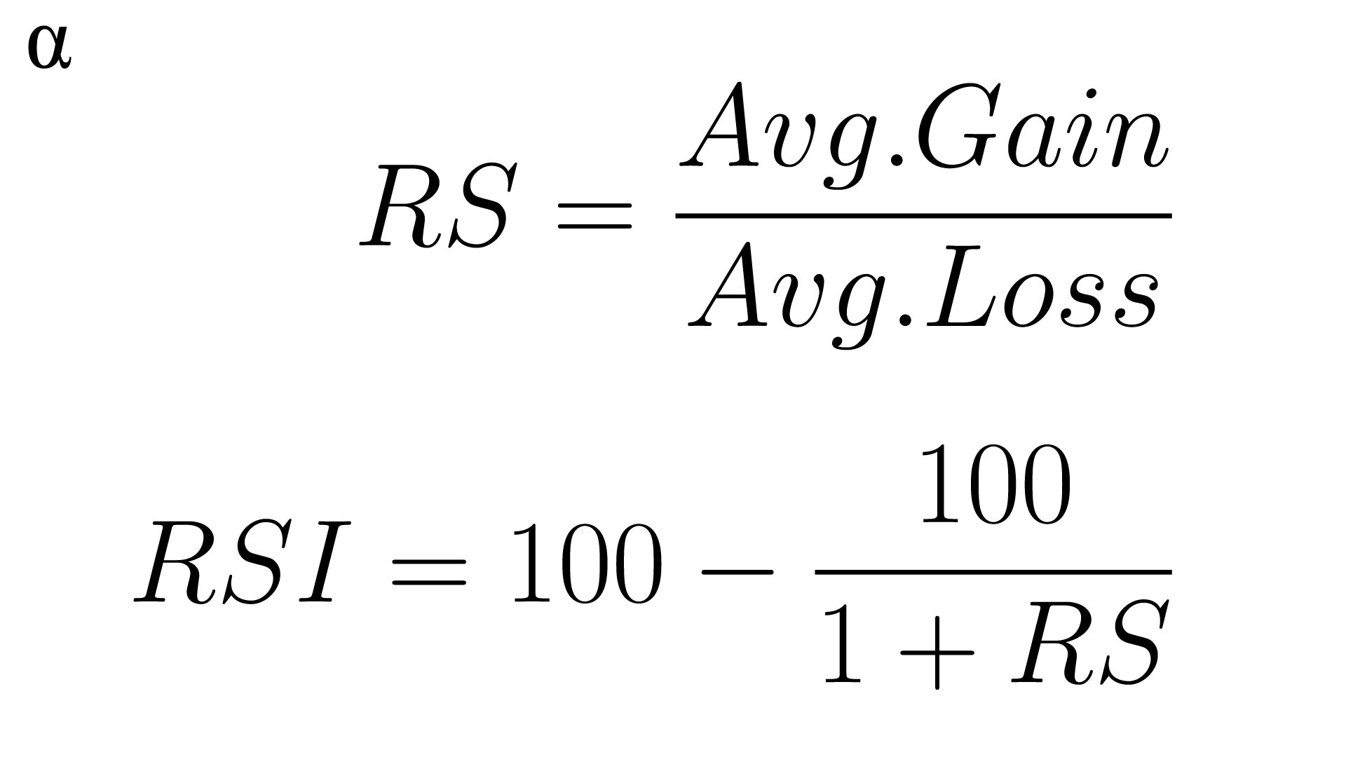 The image shows the formula for calculating the Relative Strength Index (RSI), a technical analysis indicator used to measure the magnitude of recent price changes to evaluate overbought or oversold conditions in a security.