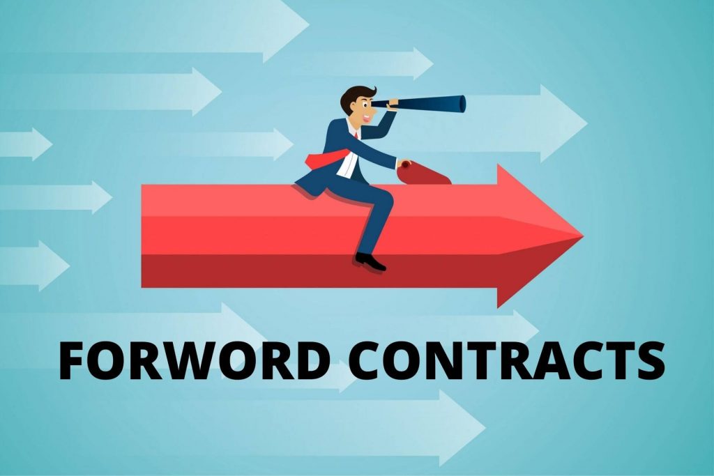 A businessman is riding a red arrow pointing to the right with a telescope in his hand, the image represents the search query 'An illustration explaining the key features and benefits of forward contracts'.